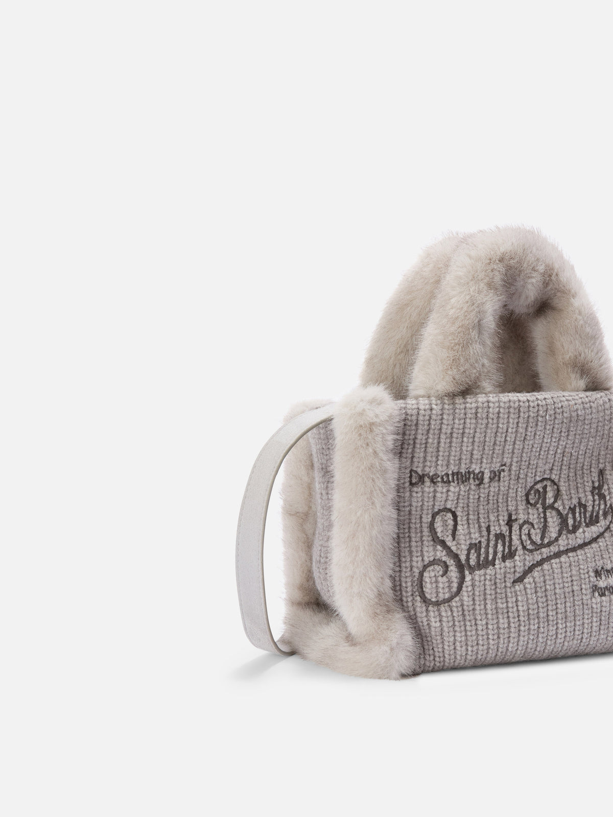 Mini bolso vanity gris en borreguillo sintético acanalado con asas de pelo sintético 