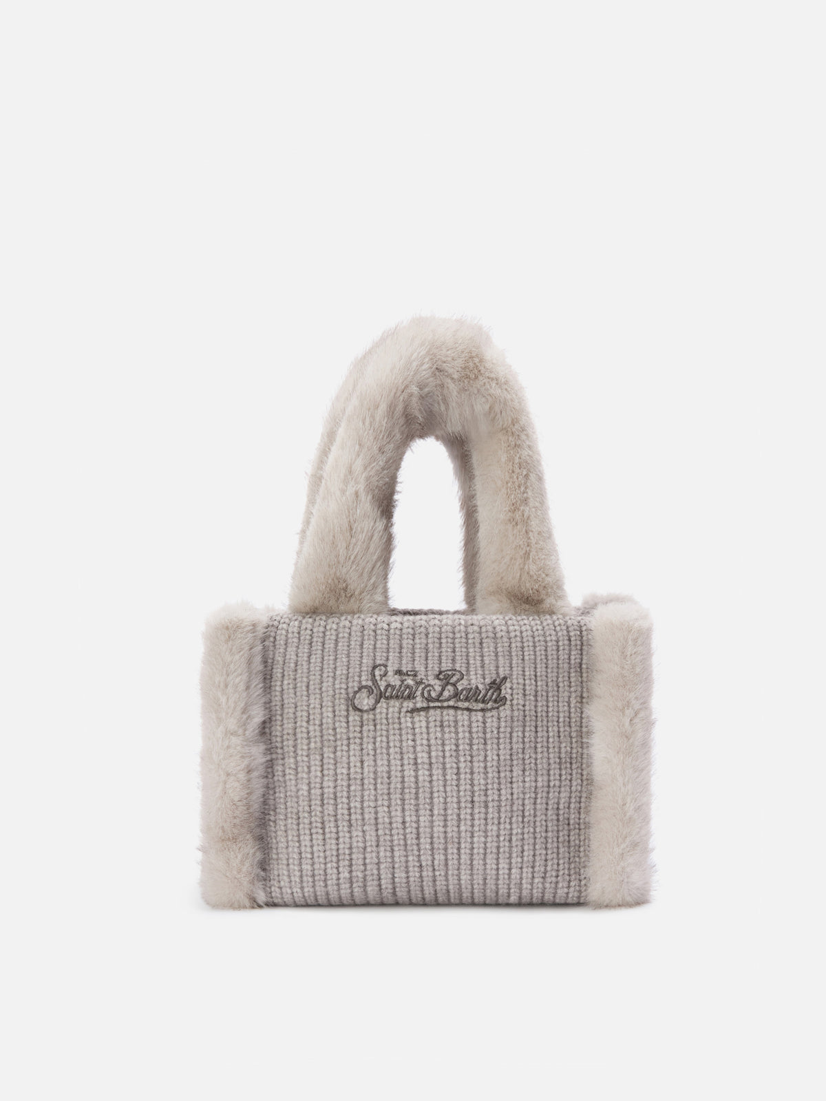 Mini bolso vanity gris en borreguillo sintético acanalado con asas de pelo sintético 