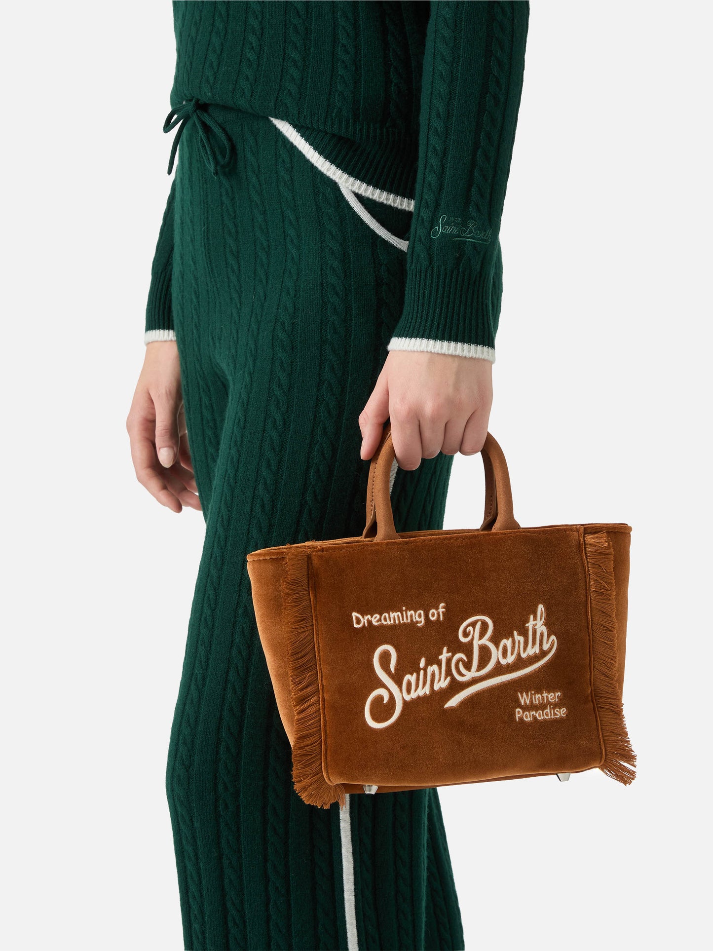 Borsa a mano Vanity Mini Velvet in velluto e faux suede marrone