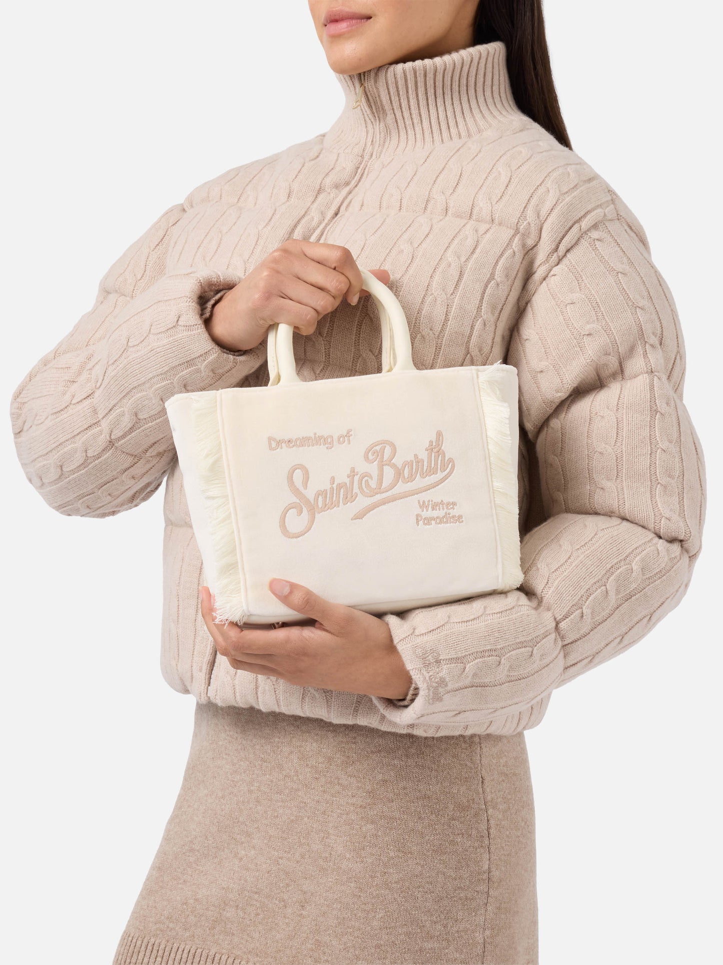 Vanity Mini-Samthandtasche aus weißem Samt und Wildlederimitat