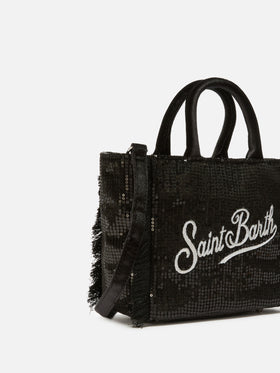 Borsa a mano Vanity Mini Velvet in velluto e paillettes nero