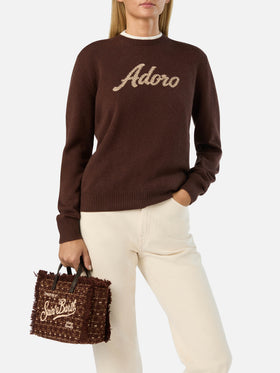 Brown Mini Vanity bag in tweed with logo embroidery