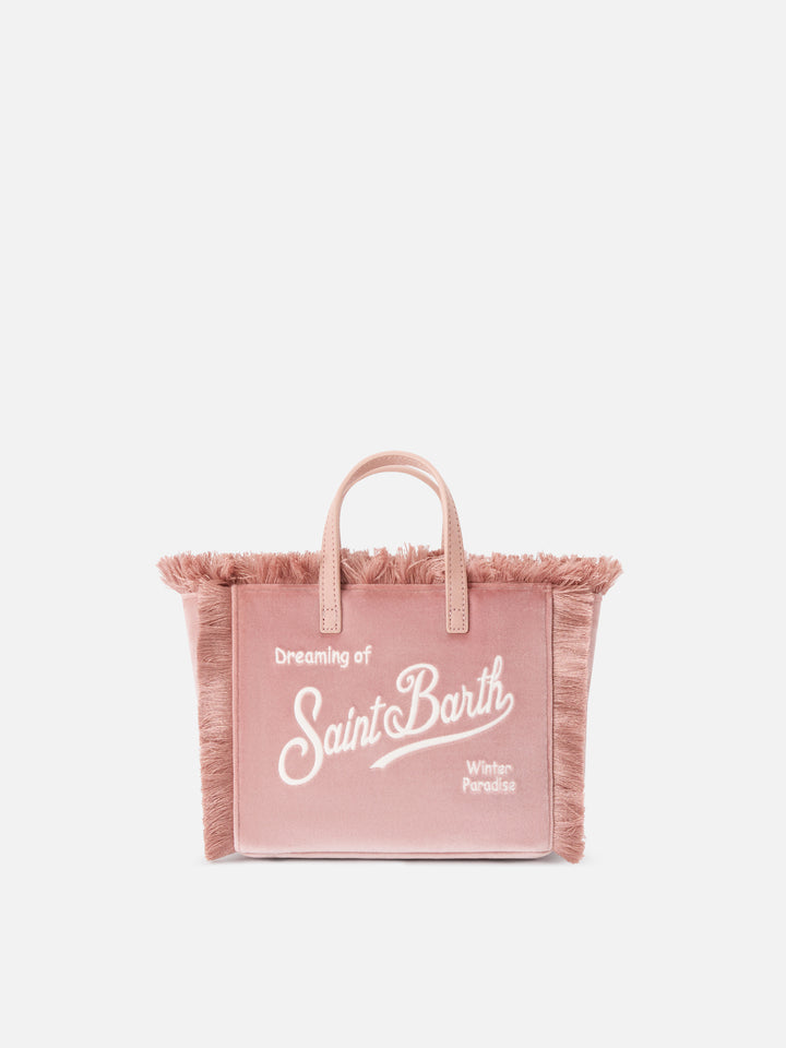 Borsa Mini Vanity rosa in velluto con ricamo logo
