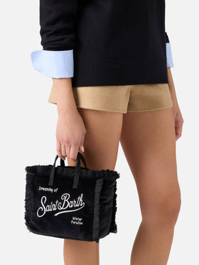 Schwarze Mini-Vanity-Bag aus Samt mit Logostickerei 