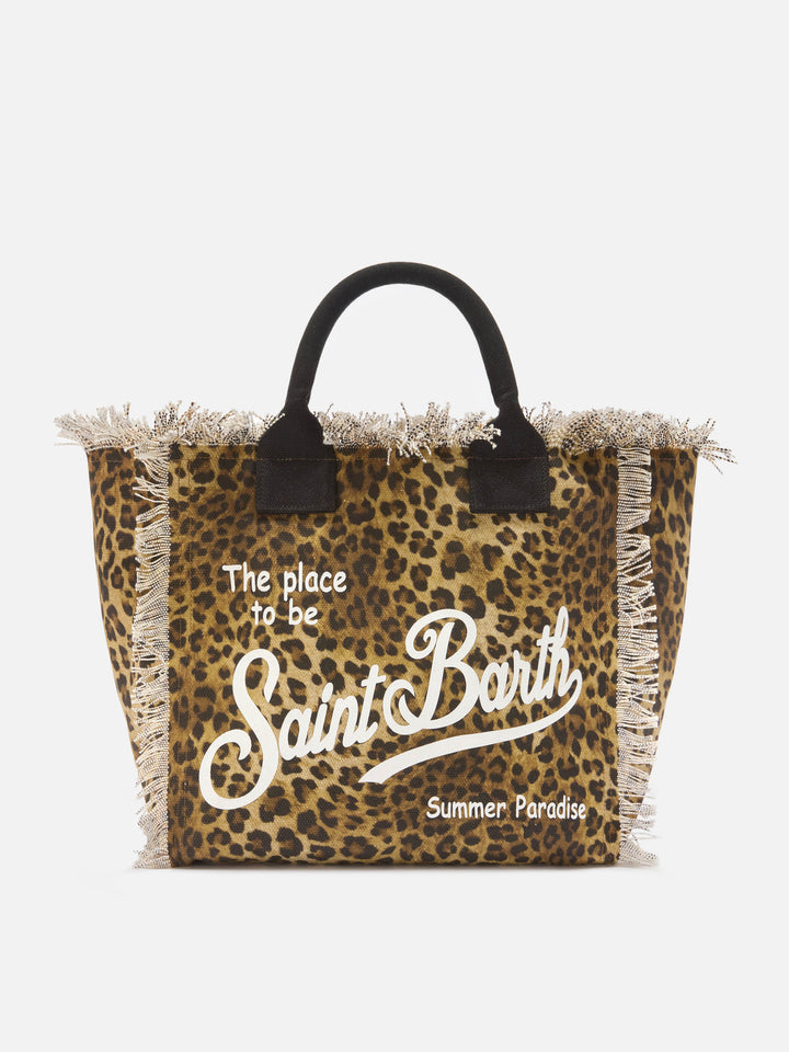 Borsa Vanity regular in canvas leopardato con dettagli sfrangiati