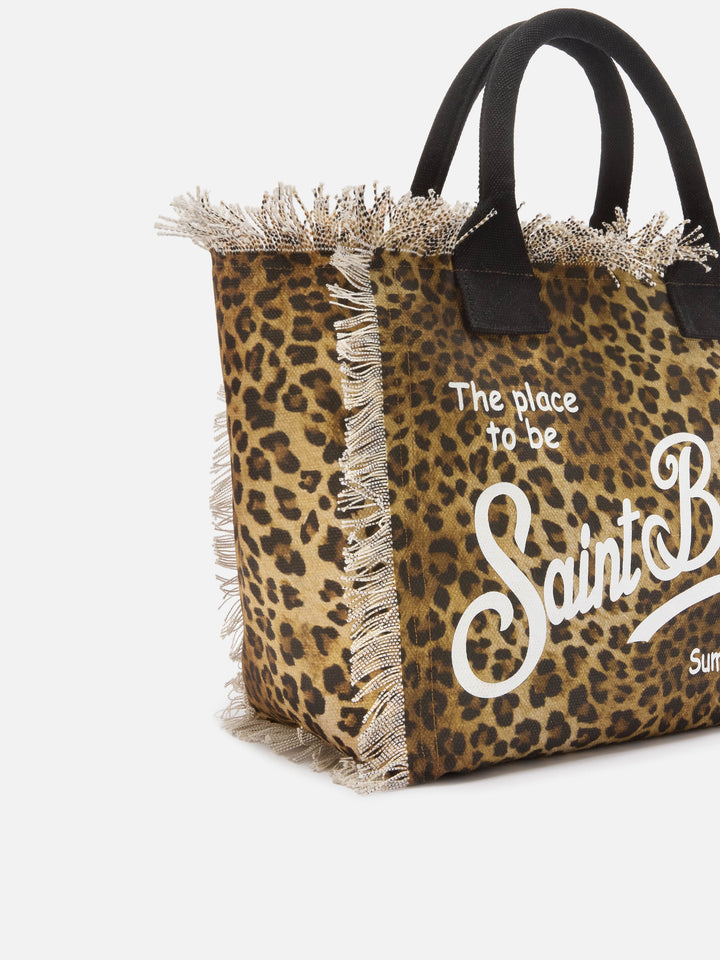 Borsa Vanity regular in canvas leopardato con dettagli sfrangiati