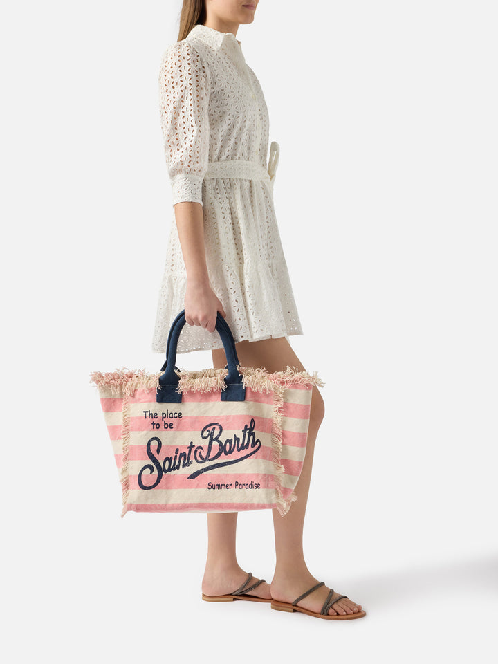 Sac Vanity classique en toile avec rayures horizontales roses 