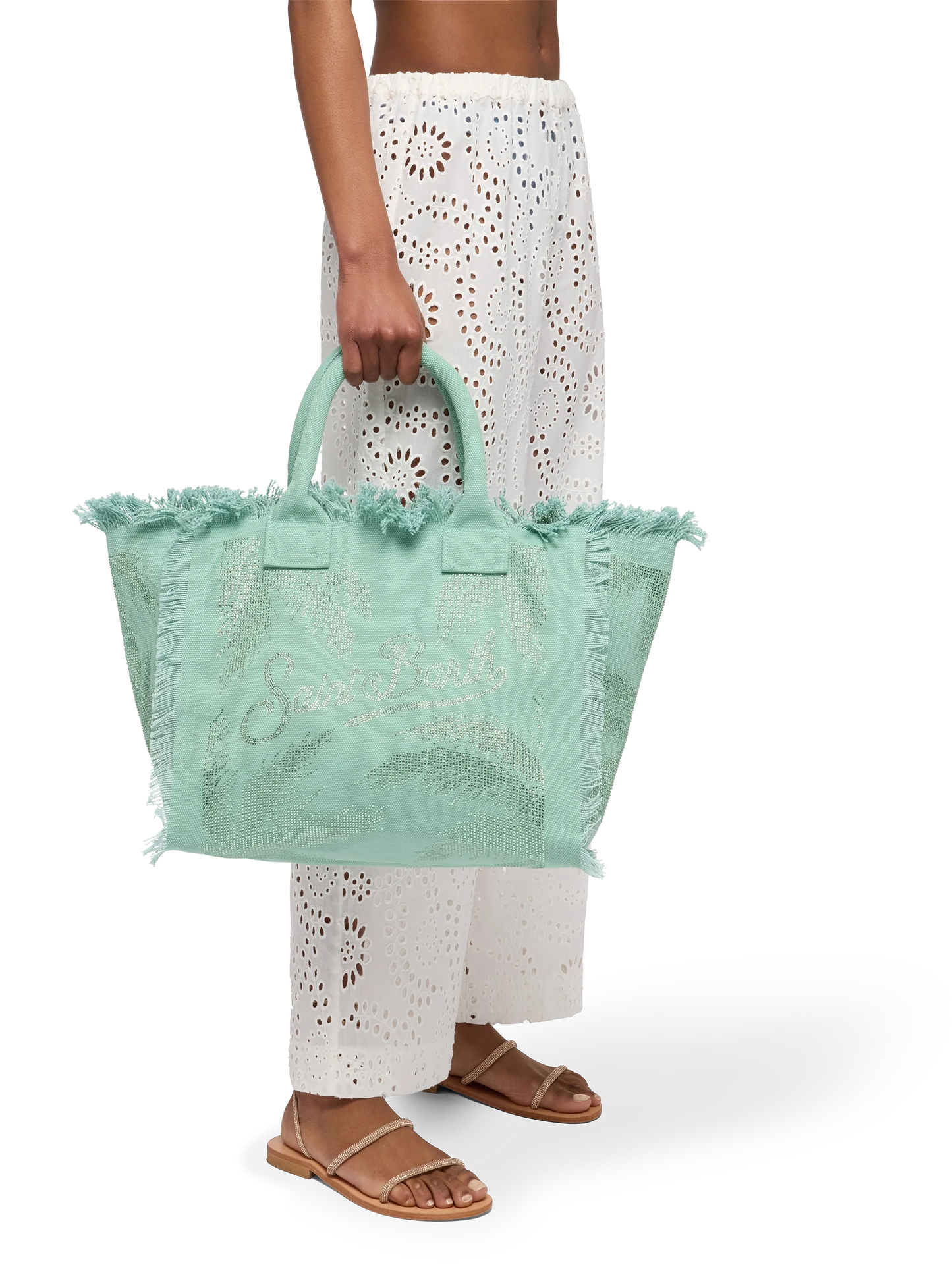 Sage green cotton canvas Vanity tote bag with palm rhinestone embellishment - MC2 Saint Barth