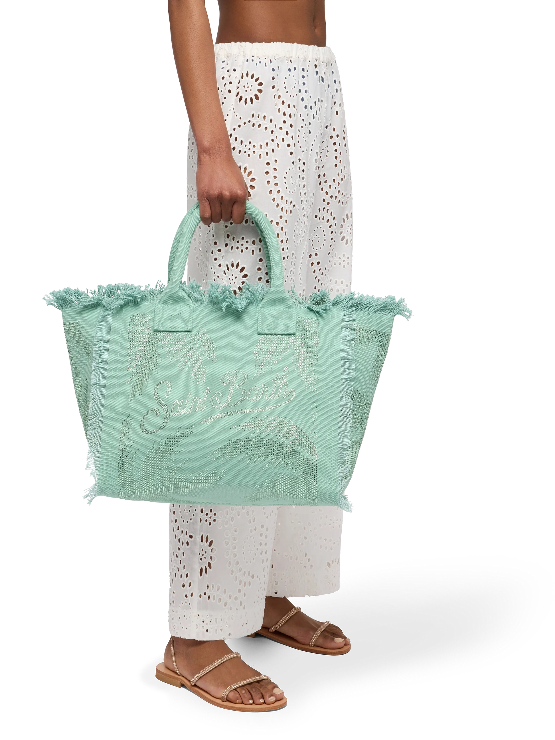 Sage green cotton canvas Vanity tote bag with palm rhinestone embellishment - MC2 Saint Barth