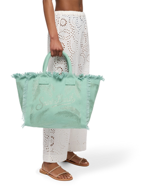 Sage green cotton canvas Vanity tote bag with palm rhinestone embellishment - MC2 Saint Barth
