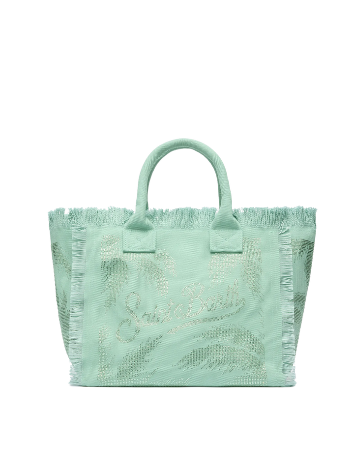Sage green cotton canvas Vanity tote bag with palm rhinestone embellishment - MC2 Saint Barth