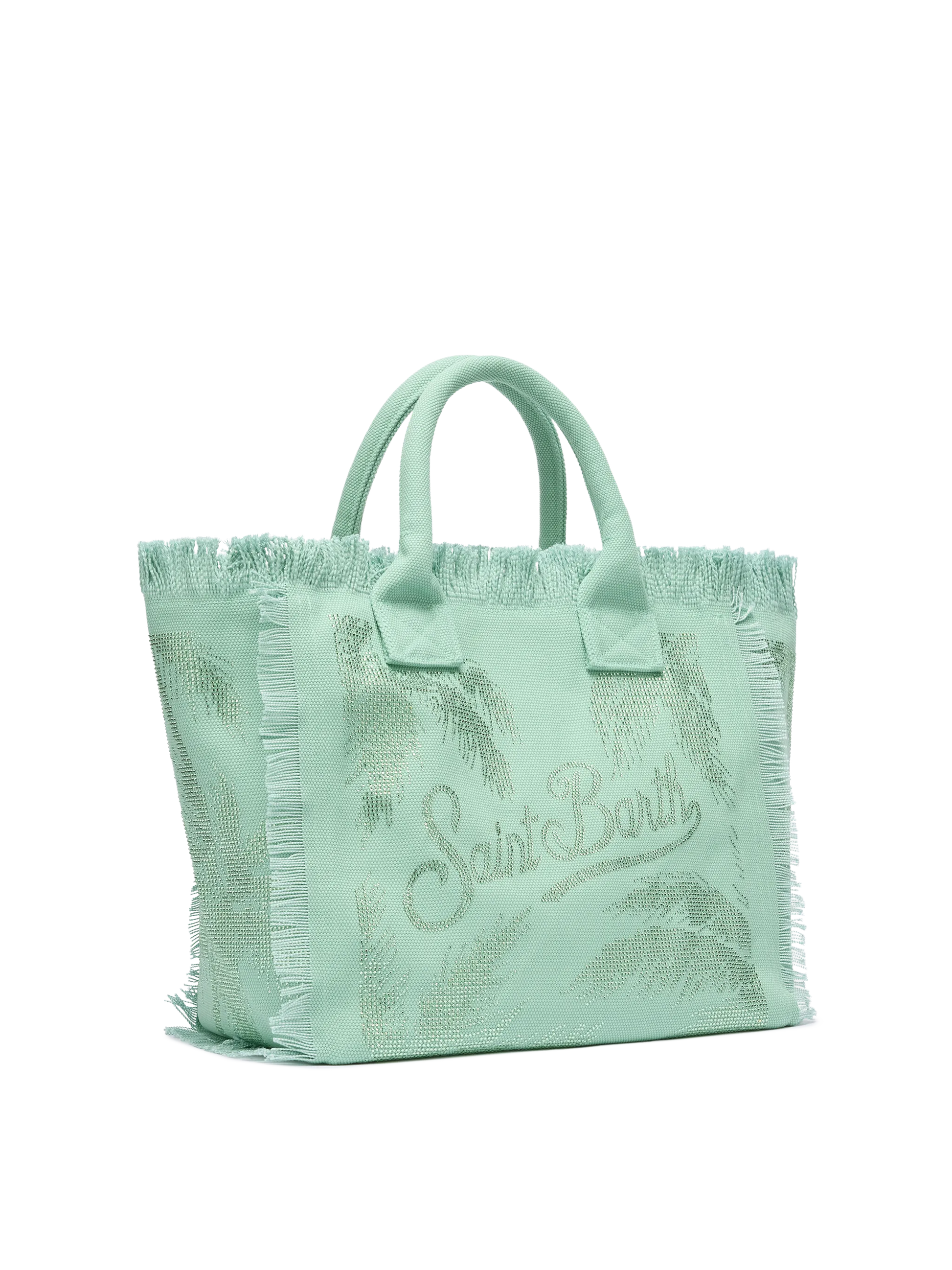 Sage green cotton canvas Vanity tote bag with palm rhinestone embellishment - MC2 Saint Barth