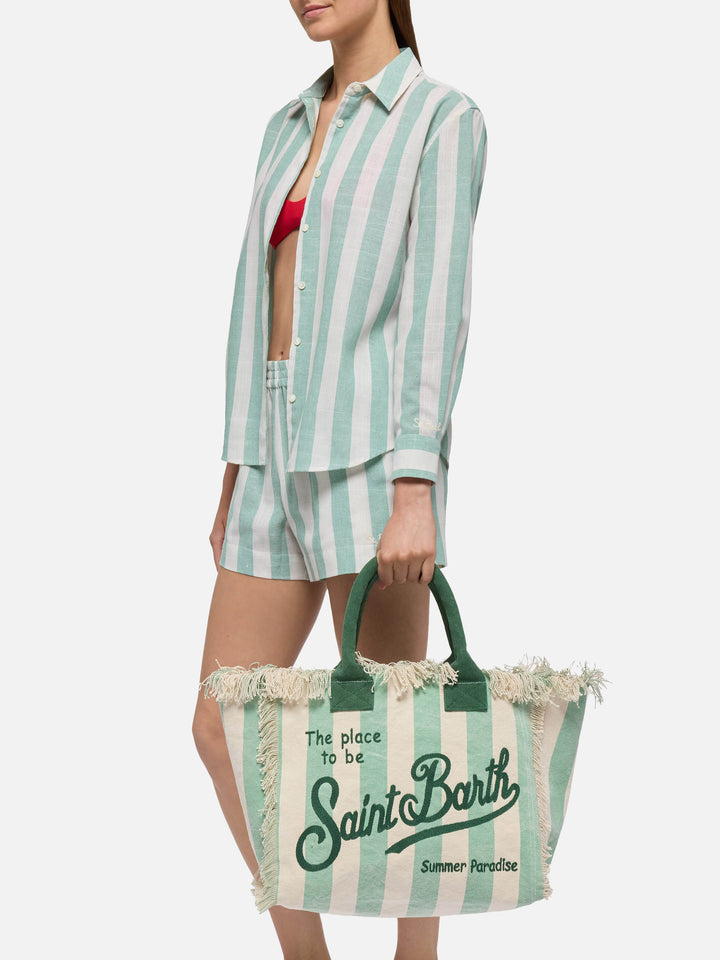 Cotton canvas Vanity tote bag with sage green striped print - MC2 Saint Barth