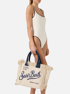 White canvas Vanity regular bag with fringes