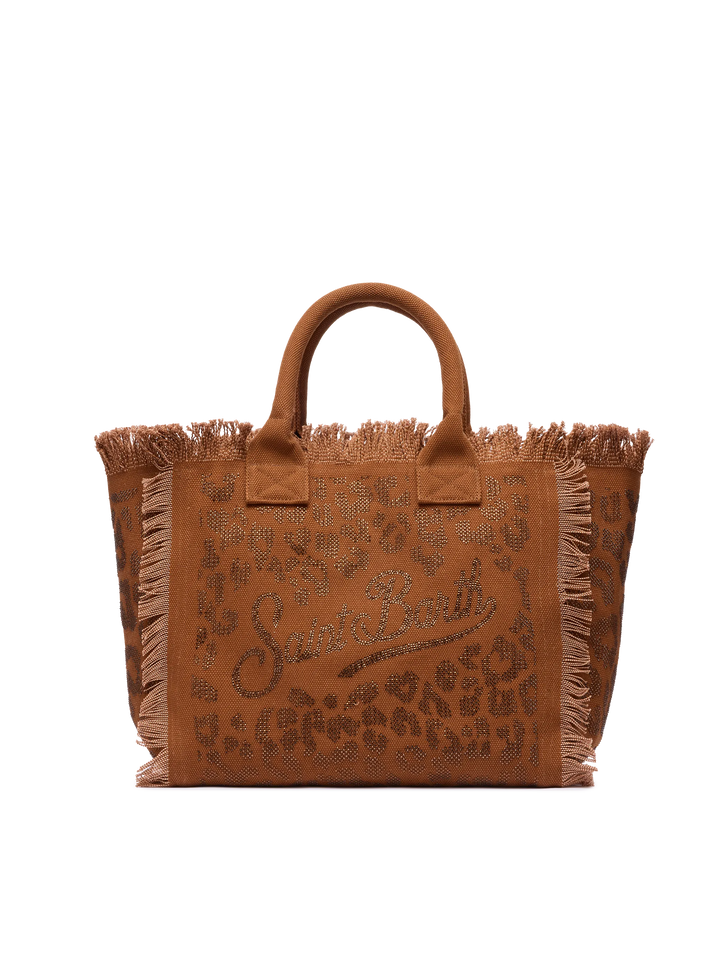 Brown cotton canvas Vanity tote bag with leopard rhinestone embellishment - MC2 Saint Barth