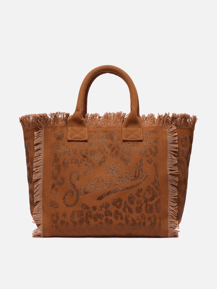Borsa a spalla Vanity in canvas di cotone marrone con decorazioni in strass leopardate