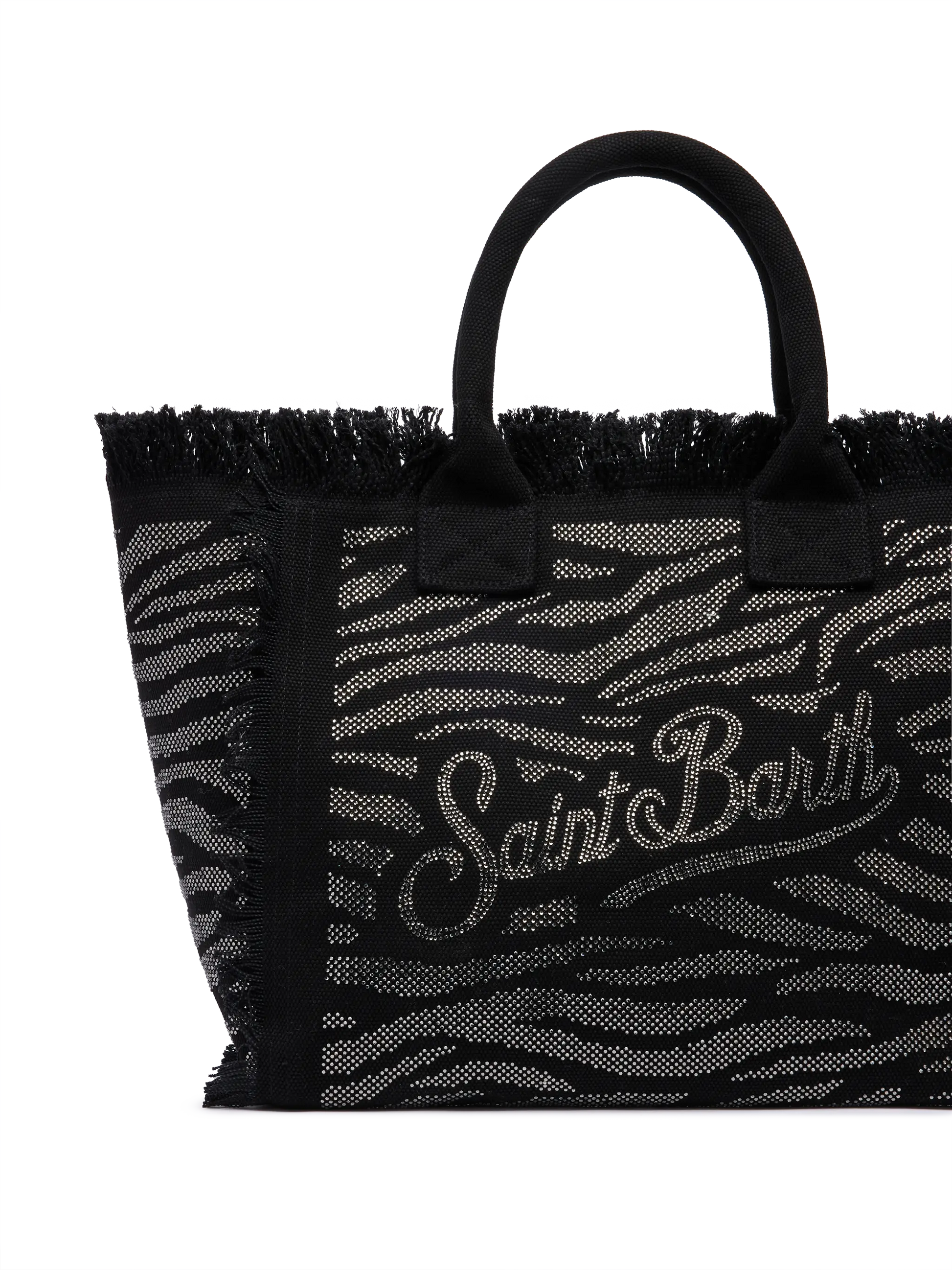 Black cotton canvas Vanity tote bag with zebra rhinestone embellishment - MC2 Saint Barth