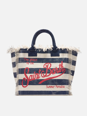 Borsa Vanity regular in canvas a righe orizzontali blu