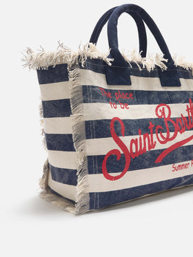 Borsa Vanity regular in canvas a righe orizzontali blu