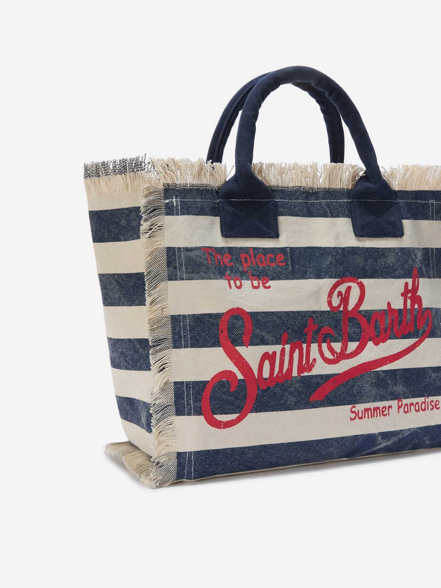 Borsa Vanity regular in canvas a righe orizzontali blu