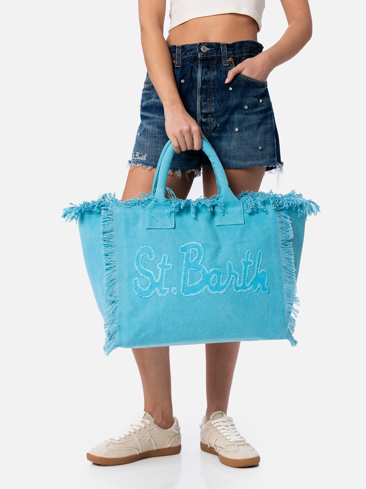Light blue cotton canvas Vanity tote bag with logo patch - MC2 Saint Barth