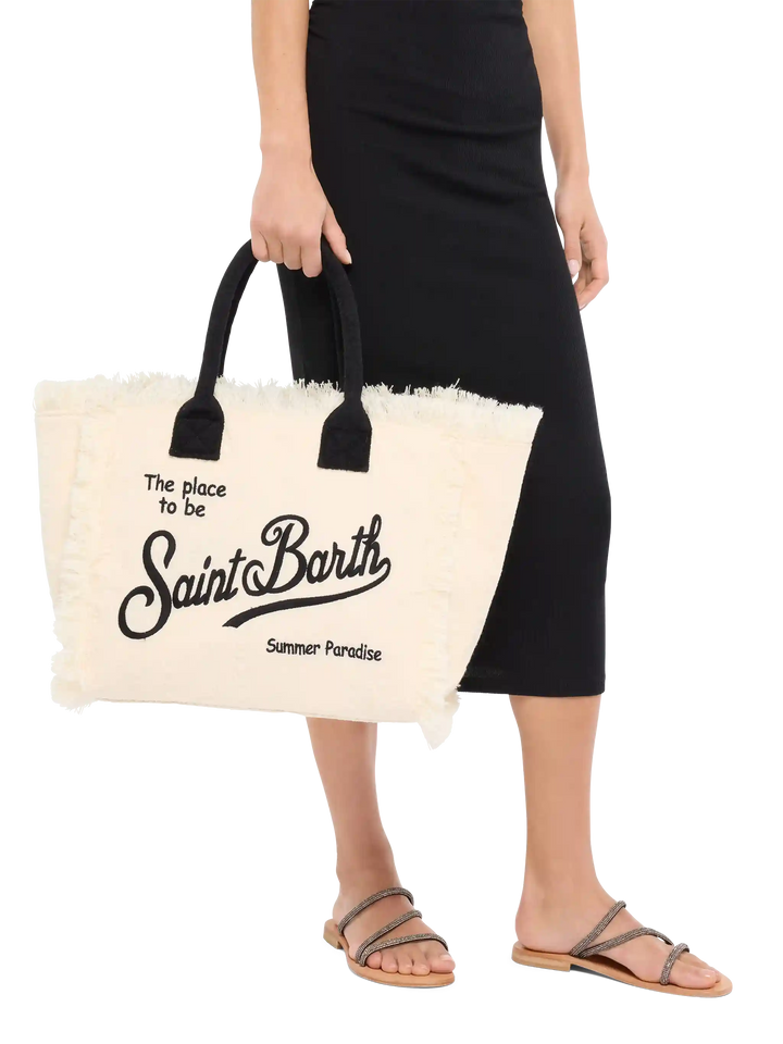 Off-white terry embossed Vanity Sponge tote bag with black details - MC2 Saint Barth