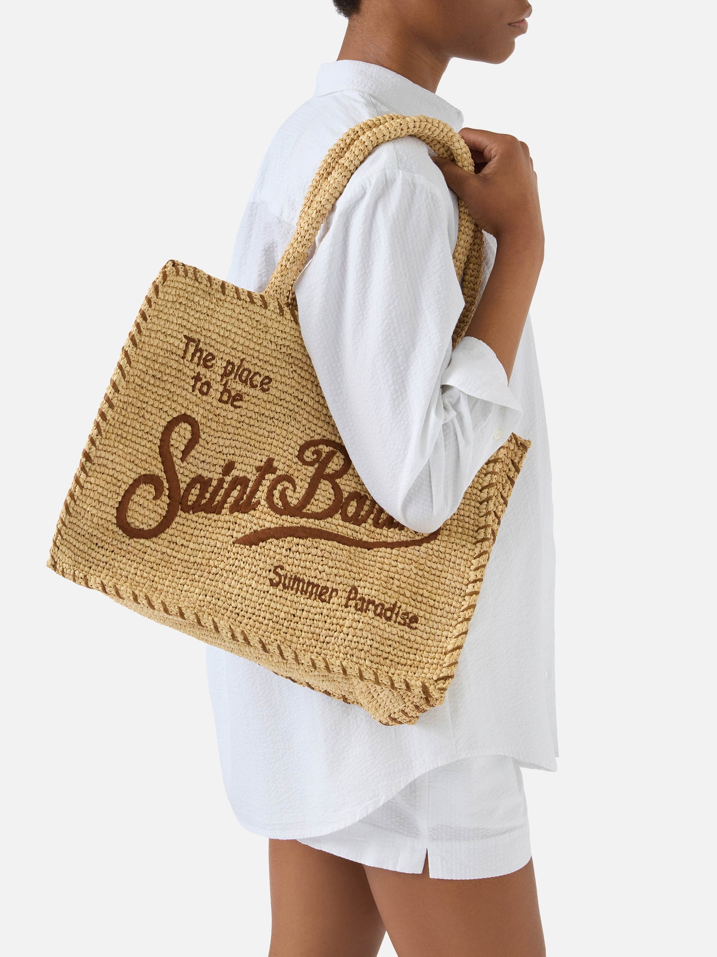 Borsa Vanity regular in raffia con dettagli marroni