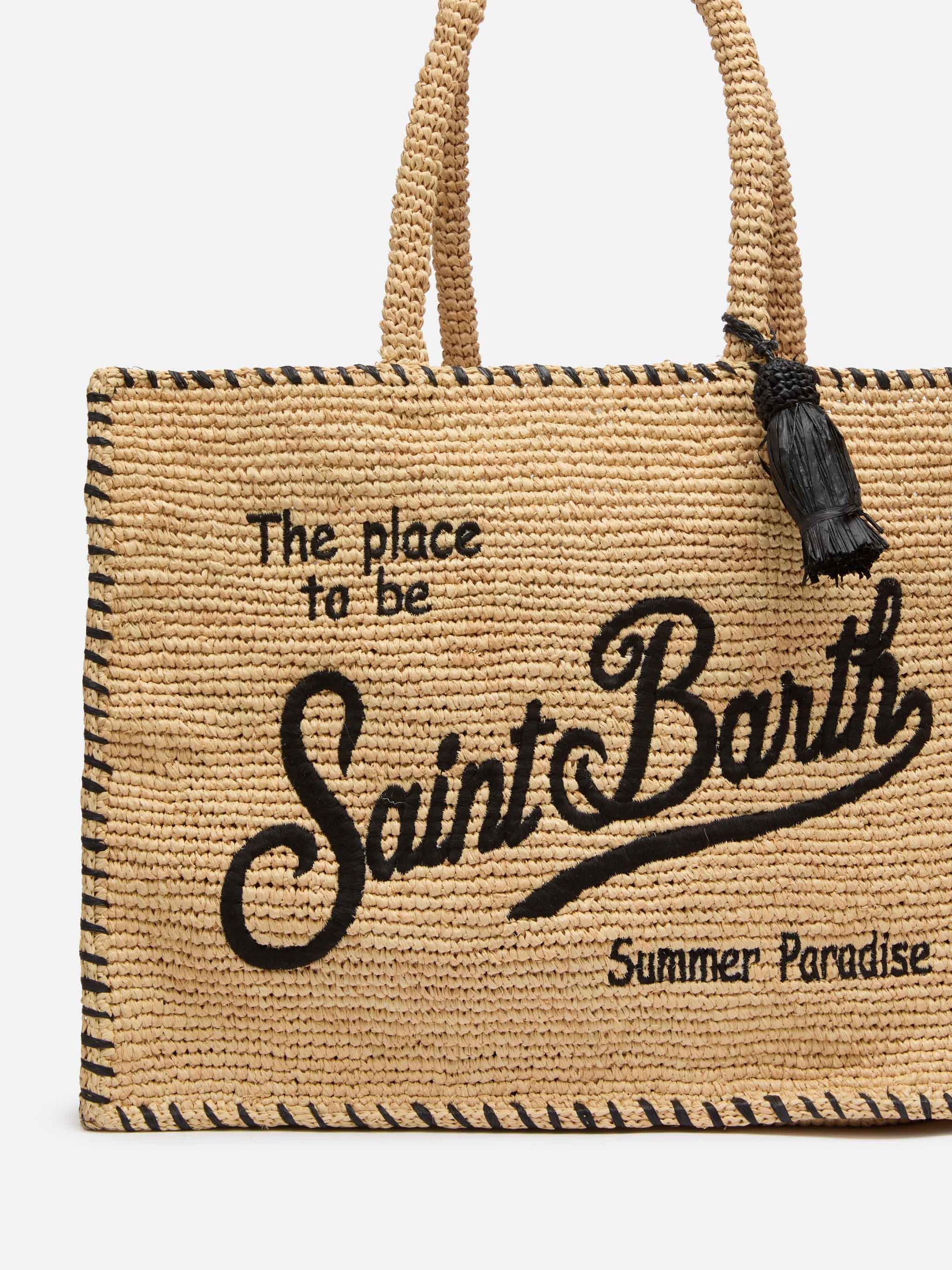 Natural beige Vanity Raffia shoulder bag with black trim - MC2 Saint Barth