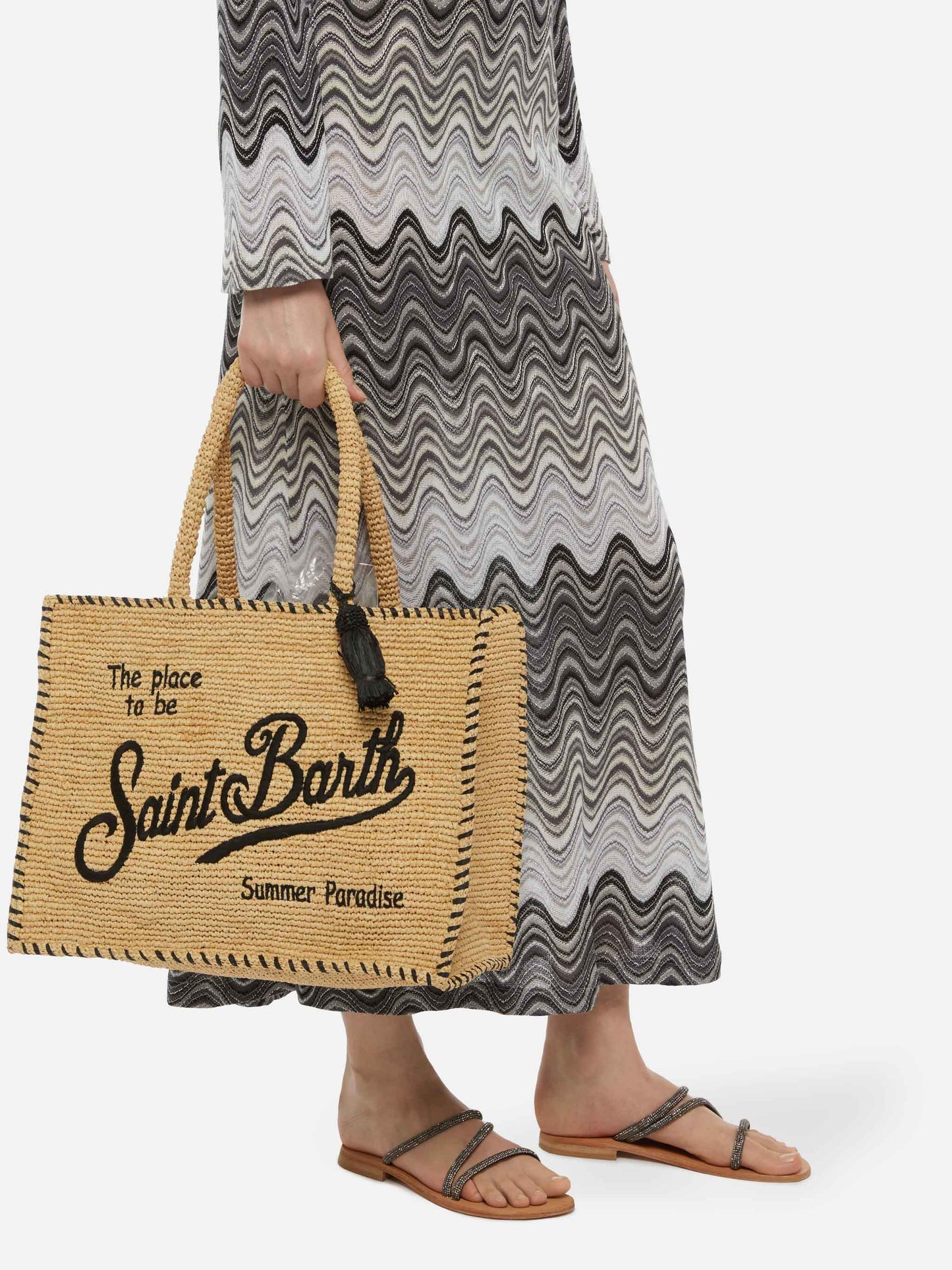 Natural beige Vanity Raffia shoulder bag with black trim - MC2 Saint Barth