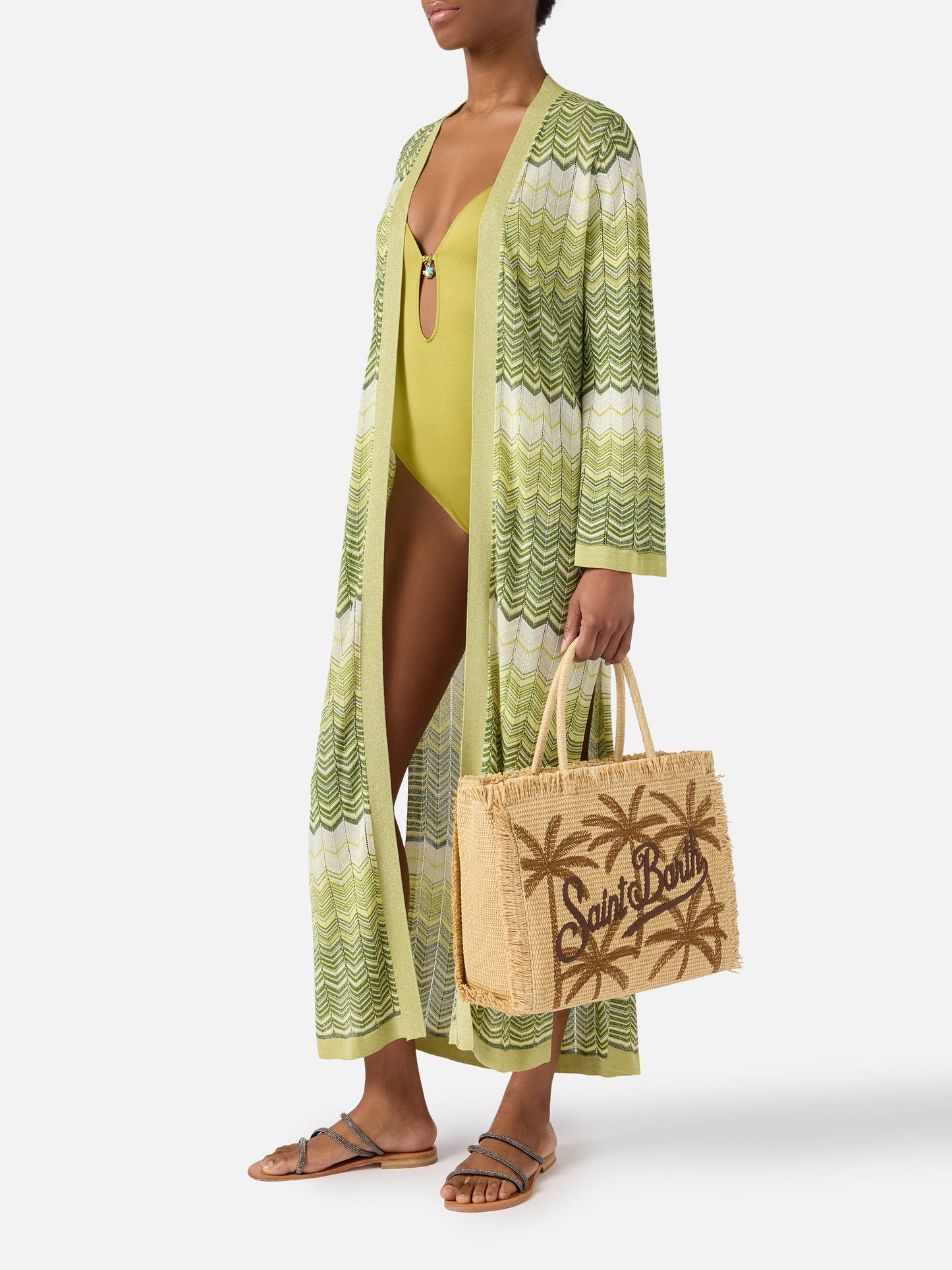 Regular Vanity straw effect bag with palm embroidery