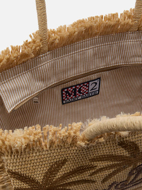 Regular Vanity straw effect bag with palm embroidery