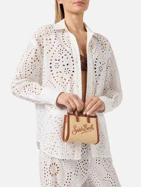Vivian micro straw effect bag with brown embroidered logo