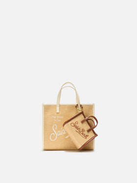 Vivian micro straw effect bag with brown embroidered logo