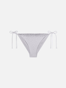 Virgo classic bikini bottoms in silver glossy-finish fabric with rhinestone details