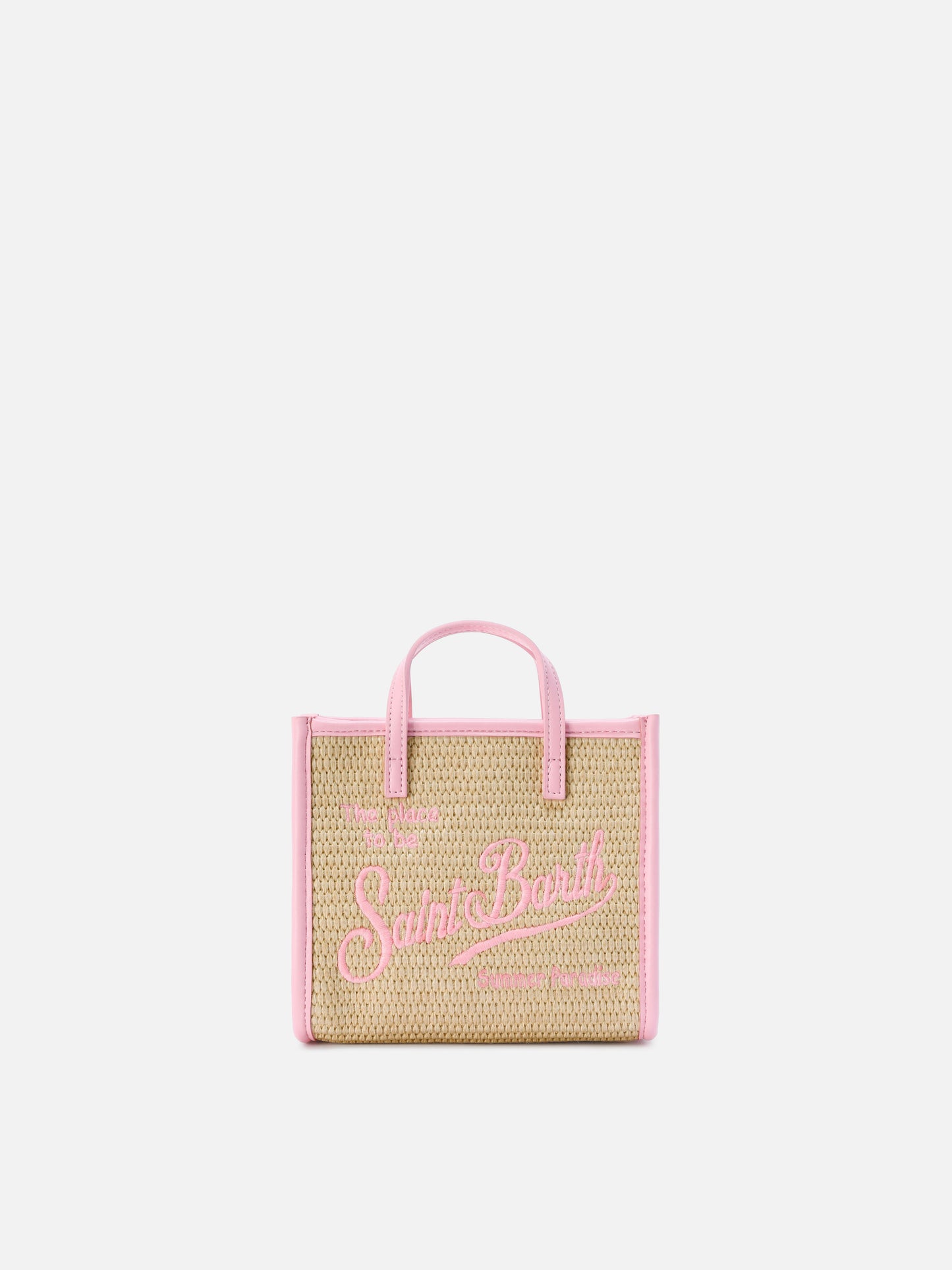 Vivian mini straw effect bag with pink embroidered logo
