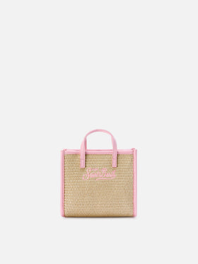 Vivian mini straw effect bag with pink embroidered logo