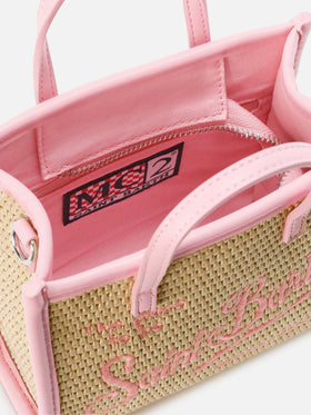 Vivian mini straw effect bag with pink embroidered logo