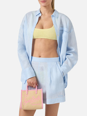 Vivian mini straw effect bag with pink embroidered logo