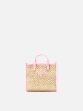 Vivian mini straw effect bag with pink embroidered logo