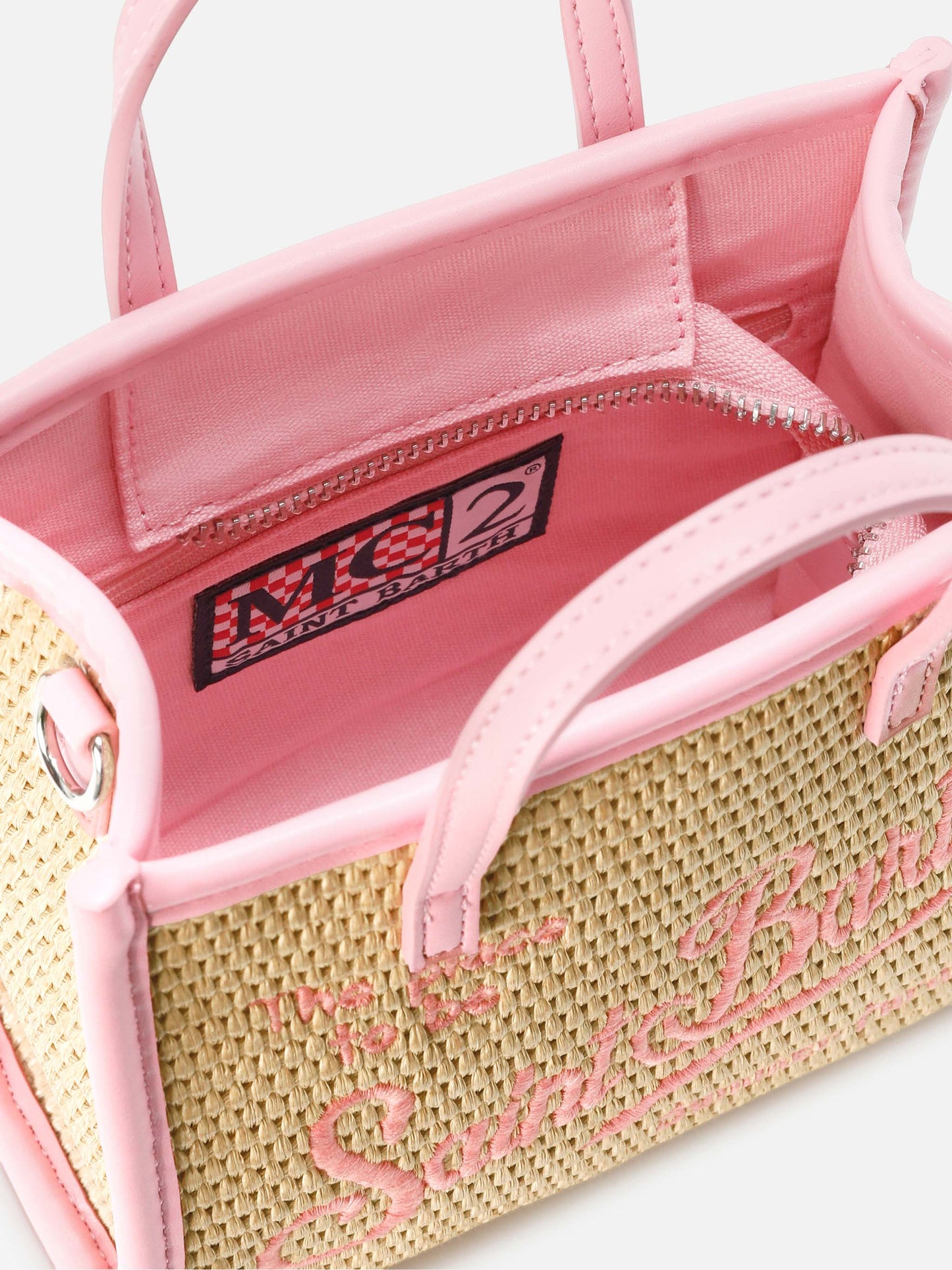 Vivian mini straw effect bag with pink embroidered logo