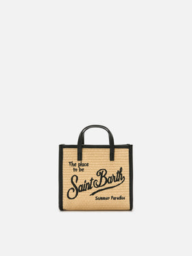Mini sac effet paille Vivian avec logo brodé noir 