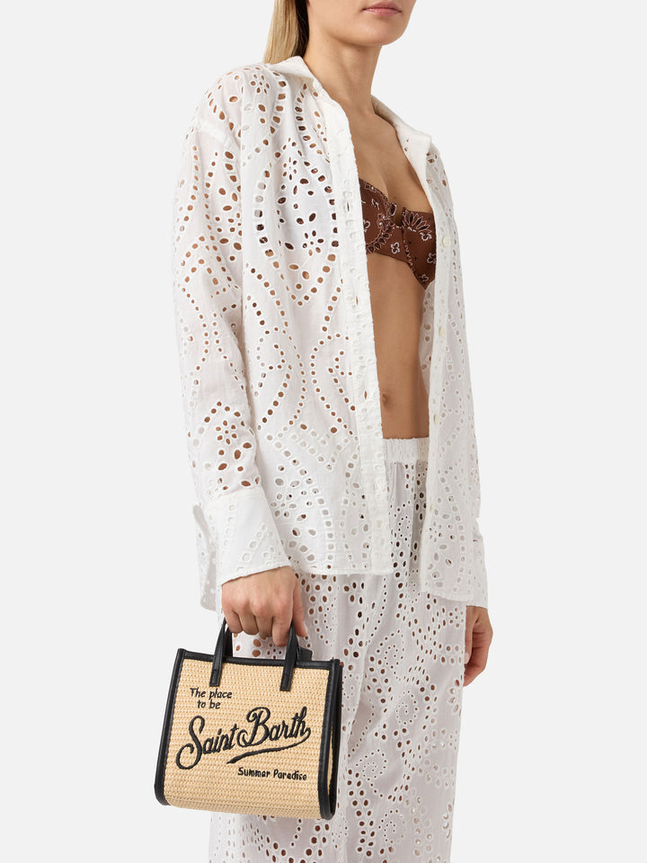 Borsa Vivian mini in tessuto effetto paglia con logo nero ricamato