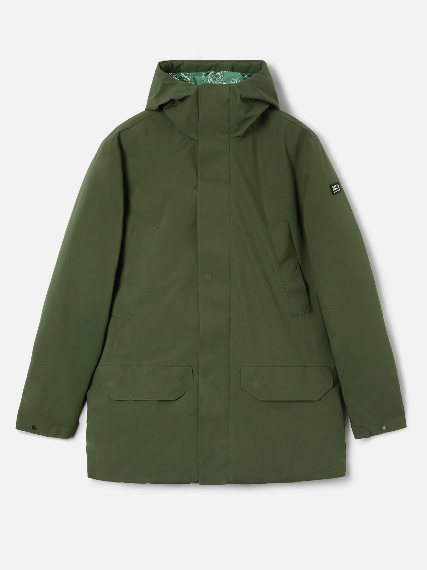 Man military green hooded parka Voyager with bandanna print