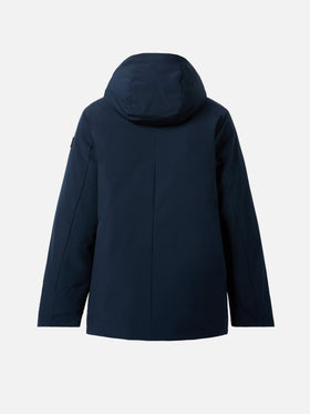 Marineblaue Parkajacke Voyager Jr mit Kapuze und Tartanfutter