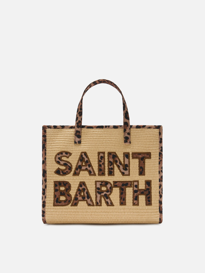 Vivian medium straw effect bag with leopard logo patches