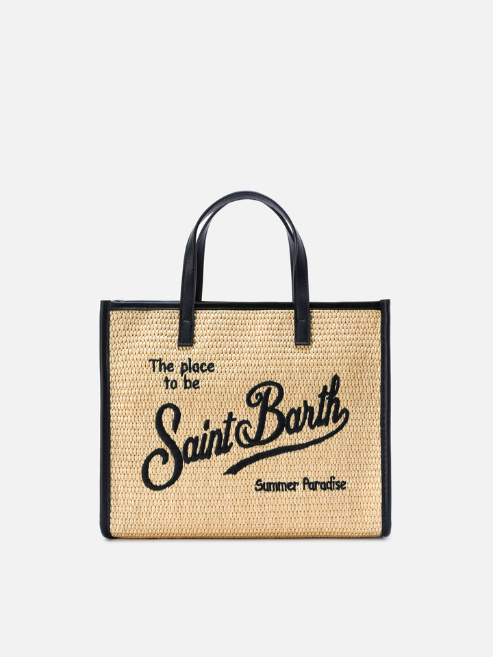 Borsa Vivian medium effetto paglia con logo nero ricamato