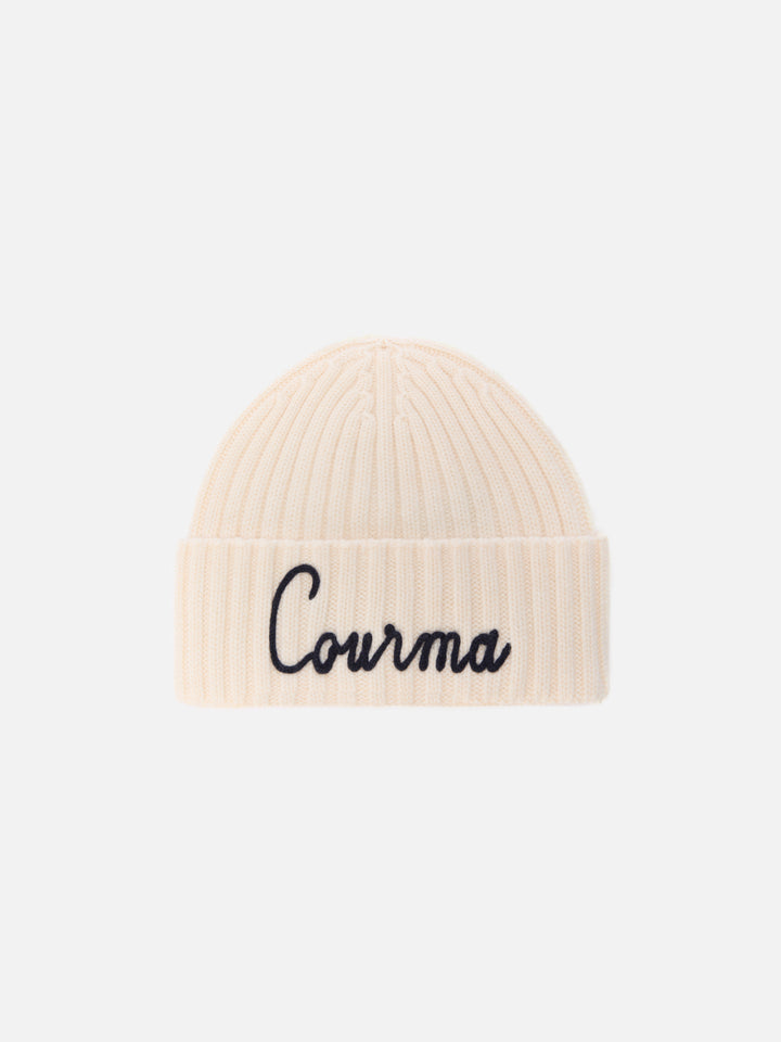 Wengen beanie in cashmere blend in white with Courma embroidery