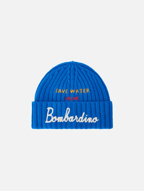 Bonnet Wengen avec broderie Save Water Drink Bombardino Blue 