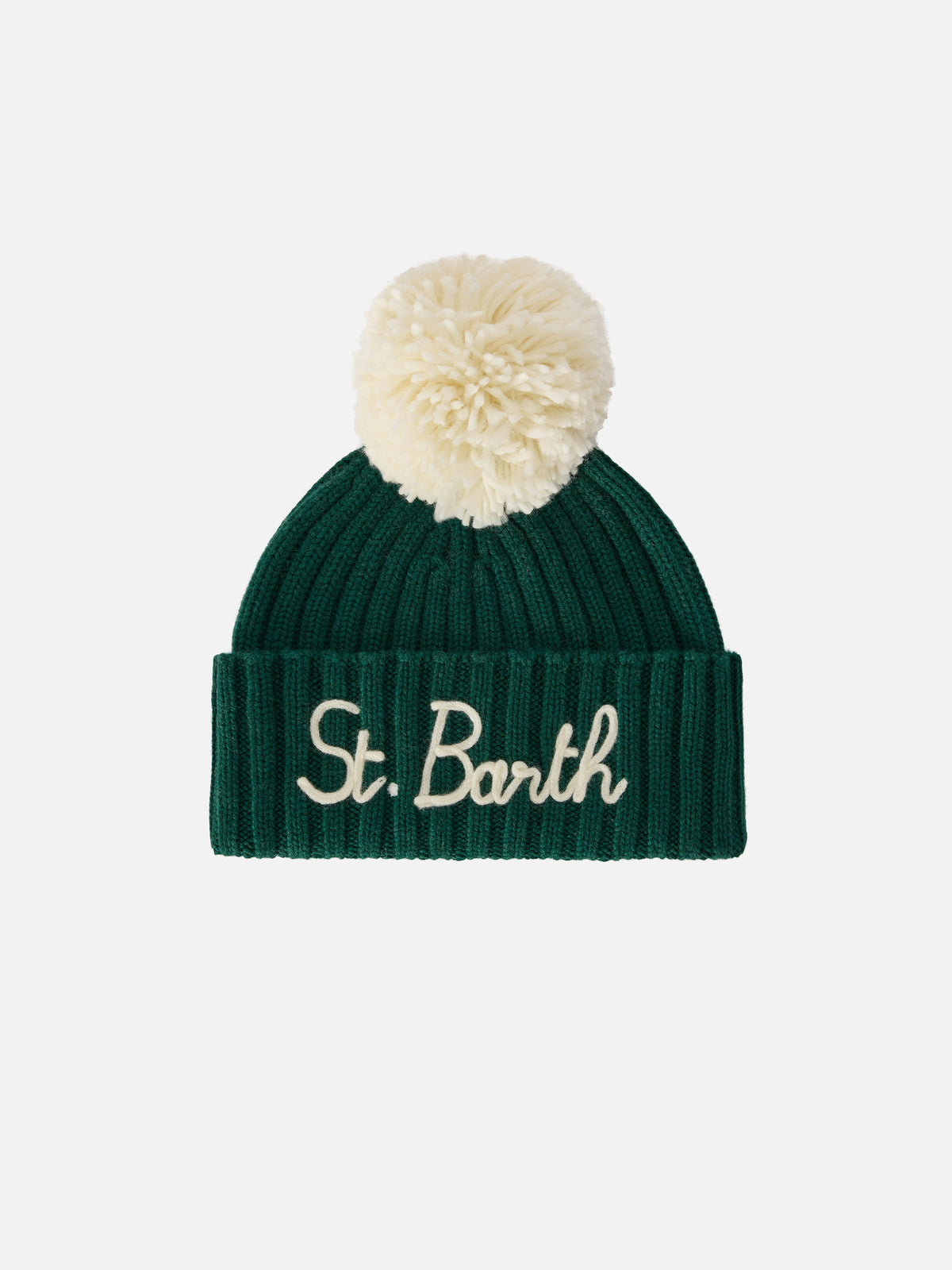 Bonnet Wengen vert avec pompon et broderie St. Barth 