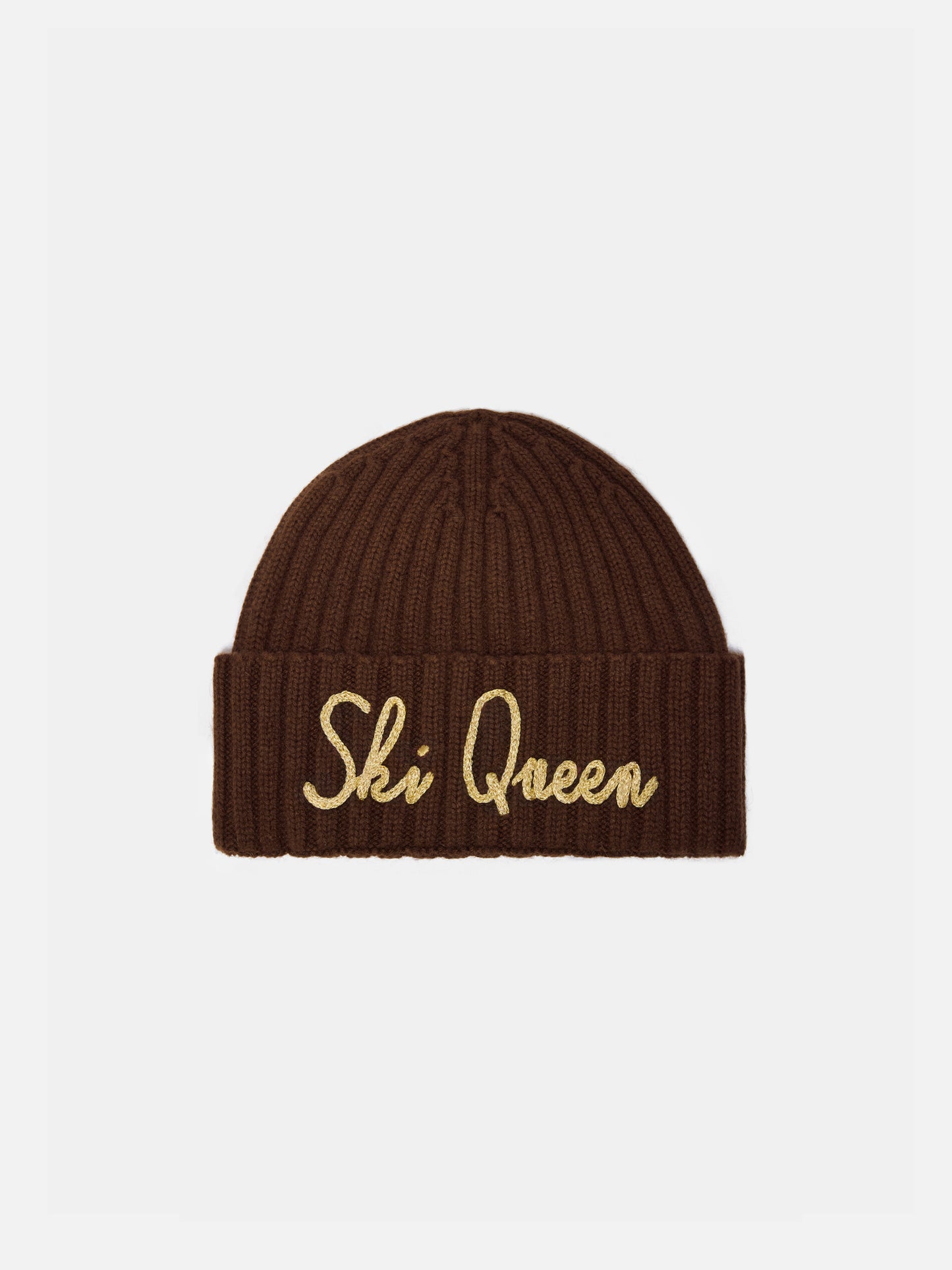 Cashmere blend Wengen beanie in brown with lurex Ski Queen embroidery